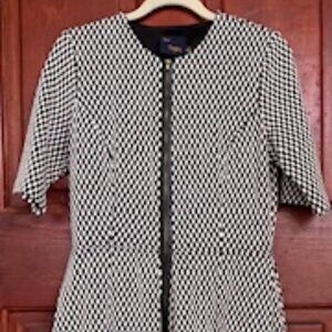 Black & white houndstooth dress, knee length, pleated with leather trim